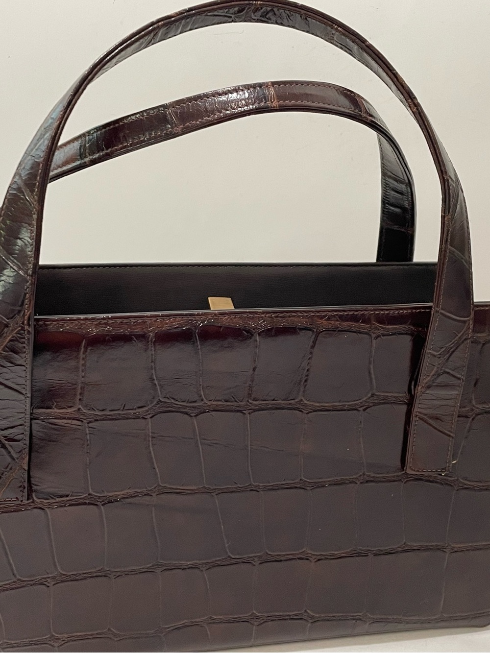 Vintage 1950s Faux Alligator Embossed Structured Top Handle Handbag Brown - Picture 4 of 14